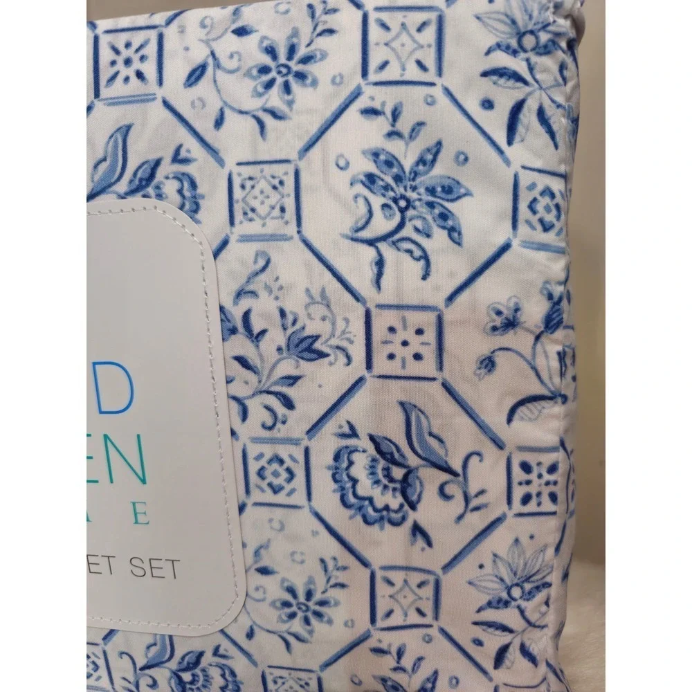 Sigrid Olsen‎ Home Queen Sheet Set Blue White Floral Tile NWT